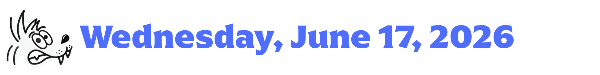 A cartoon coyote next to purple words that say Wednesday, June 17, 2026