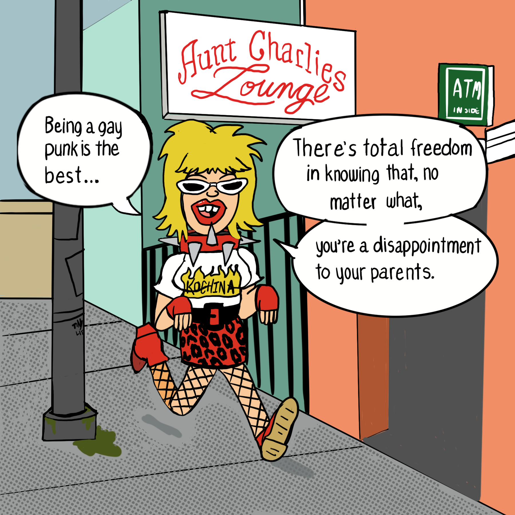 A comic with a queer punk saying 'Being a gay punk is the best... there's total freedom in knowing that, no matter what, you're a disappointment to your parents"