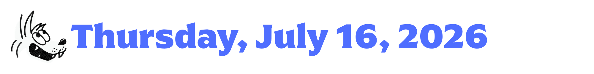 A cartoon coyote next to purple words that say Thursday, July 16, 2026