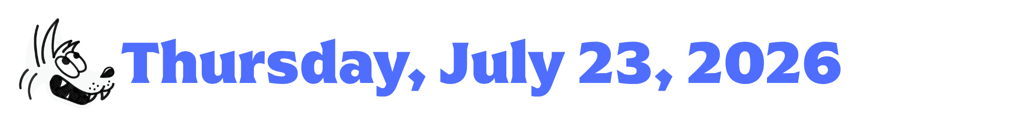 A cartoon coyote next to purple words that say Thursday, July 23, 2026