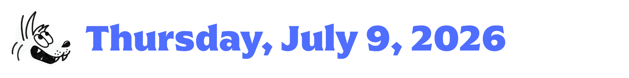 A cartoon coyote next to purple words that say Thursday, July 9, 2026