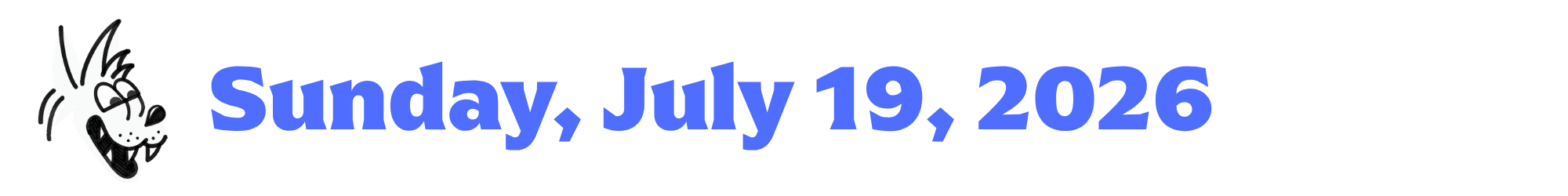 A cartoon coyote next to purple words that say Sunday, July 19, 2026