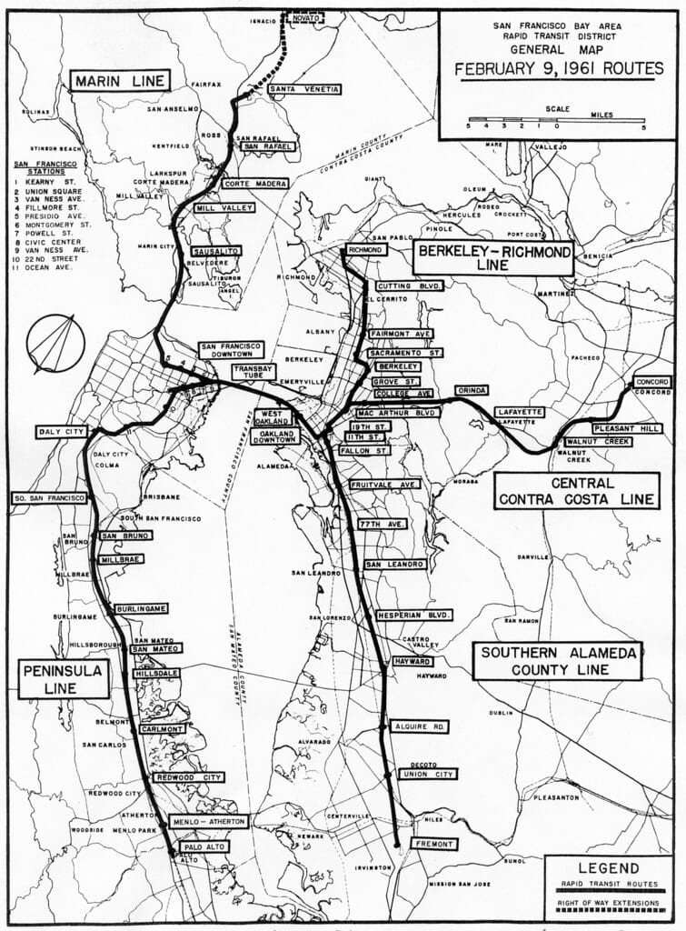 a black and white map for Bay Area Rapid Transit showing many more stops than it currently has