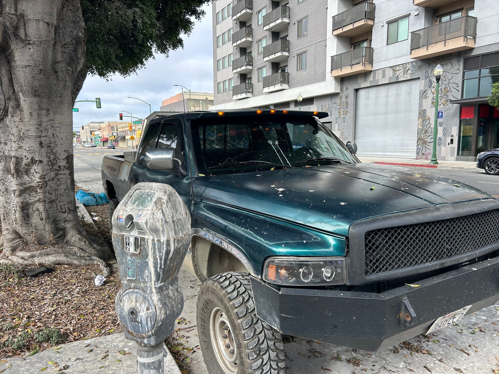 a parking meter and truck are covered in bird poop
