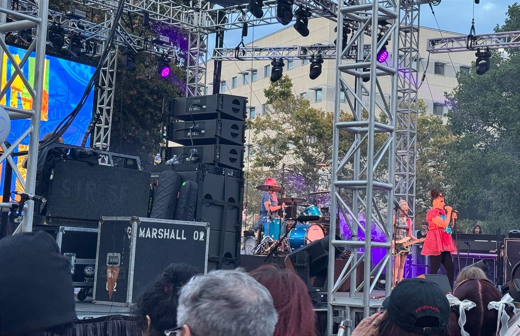 a woman in a pink dress on a stage with other band members at a festival