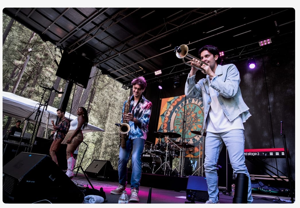 a band photo with two AI-rendered people playing saxophone and trumpet