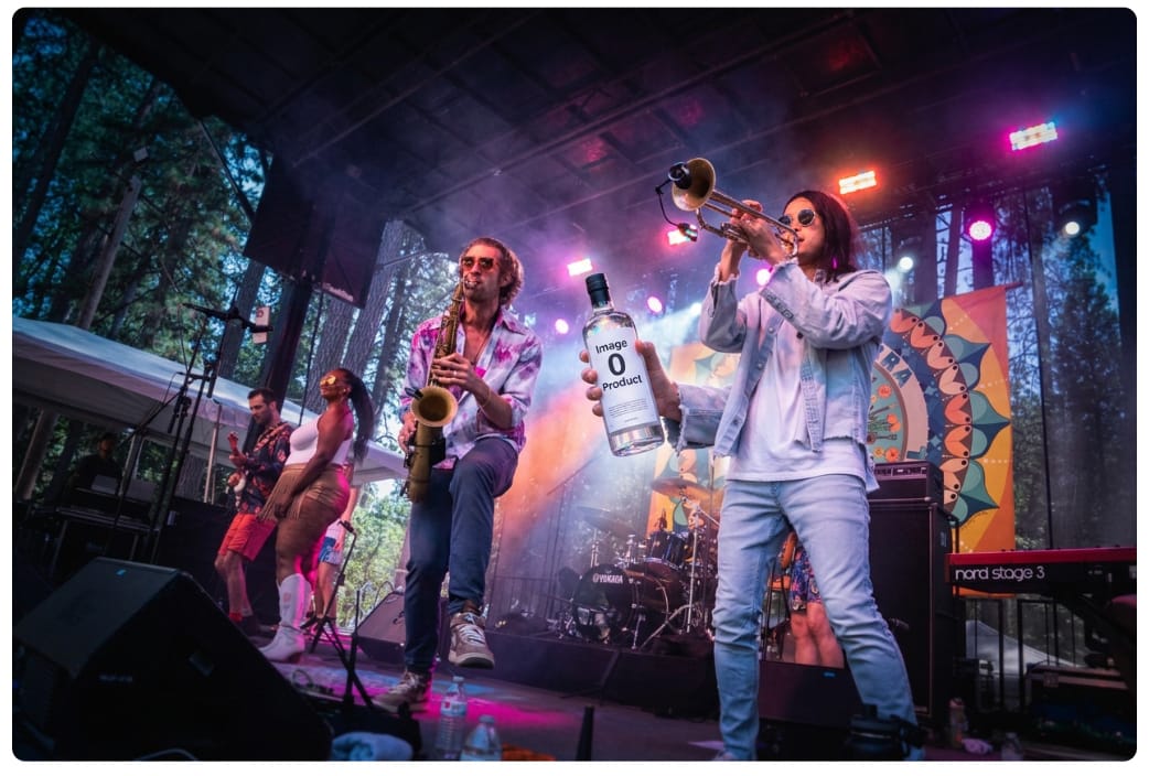 a band playing on stage doctored by AI so that an ungodly arm is coming out of the trumpeter, holding a bottle