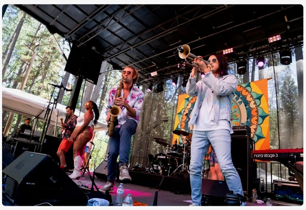a band plays on a festival stage, two horn players, a guitarist, a drummer, and a vocalist, in front of a sunburst backdrop