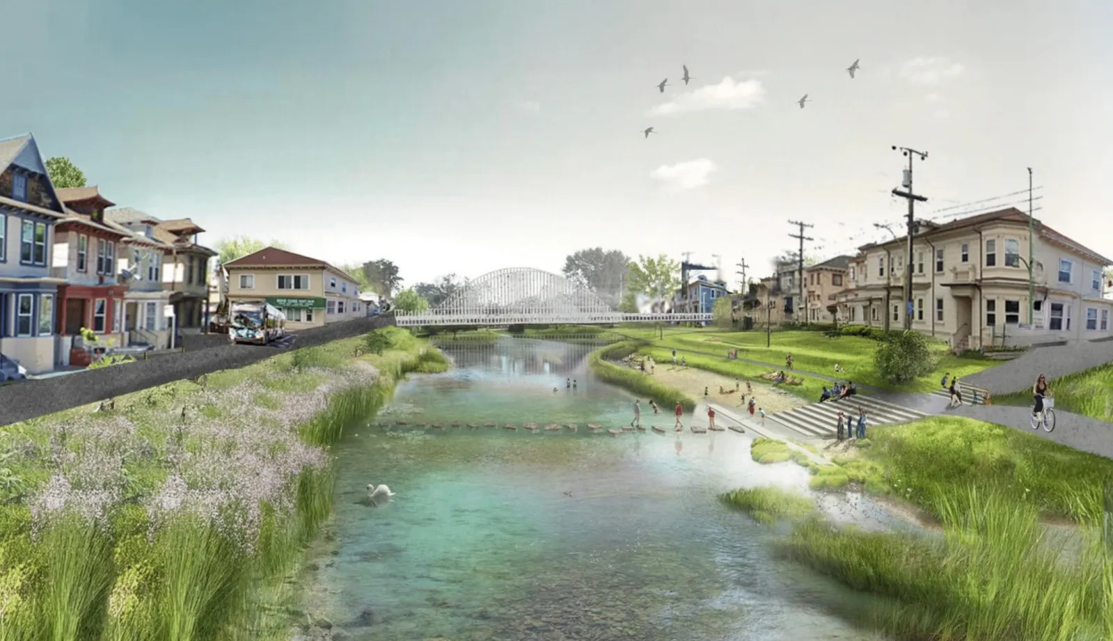 a mockup of a creek with grass and buildings on both sides in Oakland