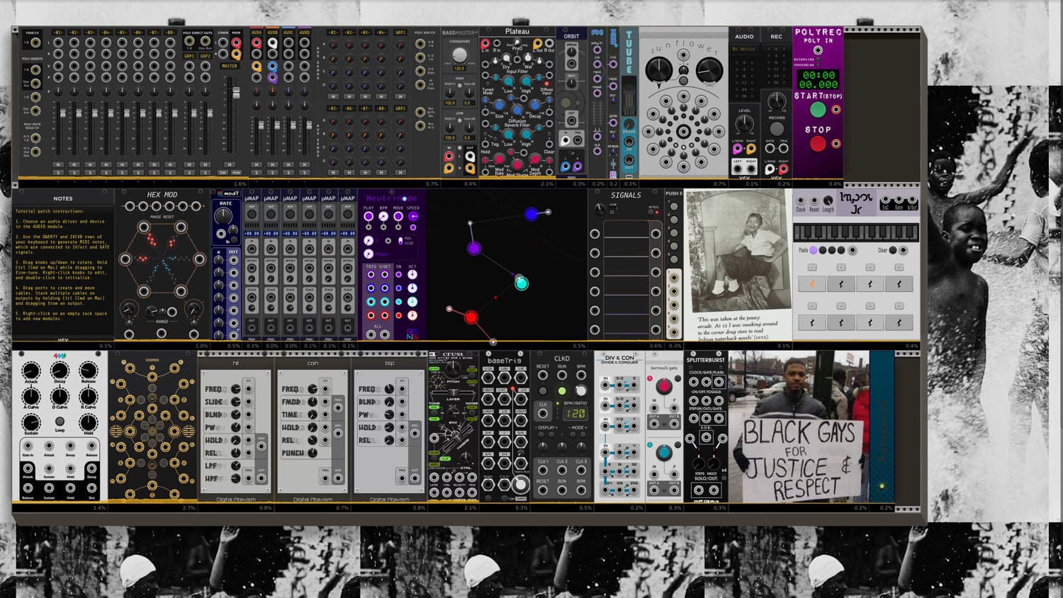 A digital image showing various empty modules on a virtual synth rack. 
