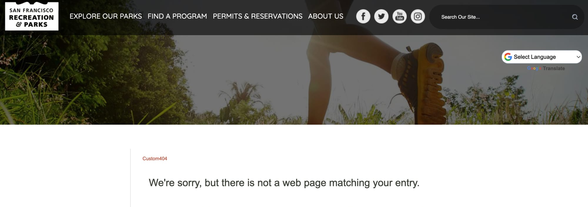 a screenshot of sfecpark.org with text that reads "we're sorry, but there is not a web page matching your entry"