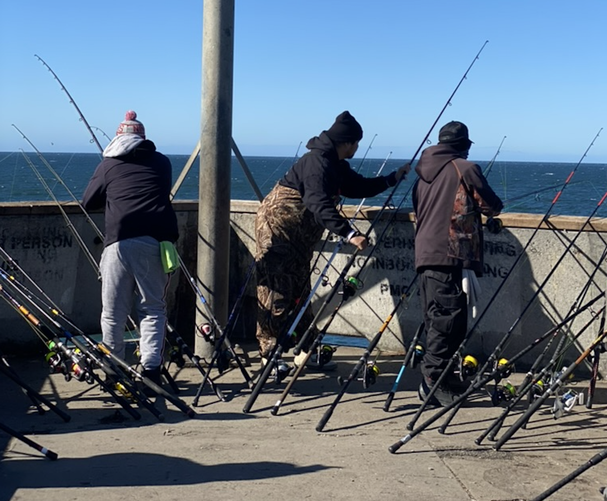 More than a dozen fishing poles rest against the side of a cement wall on a pier, with three fisherman looking over the edge