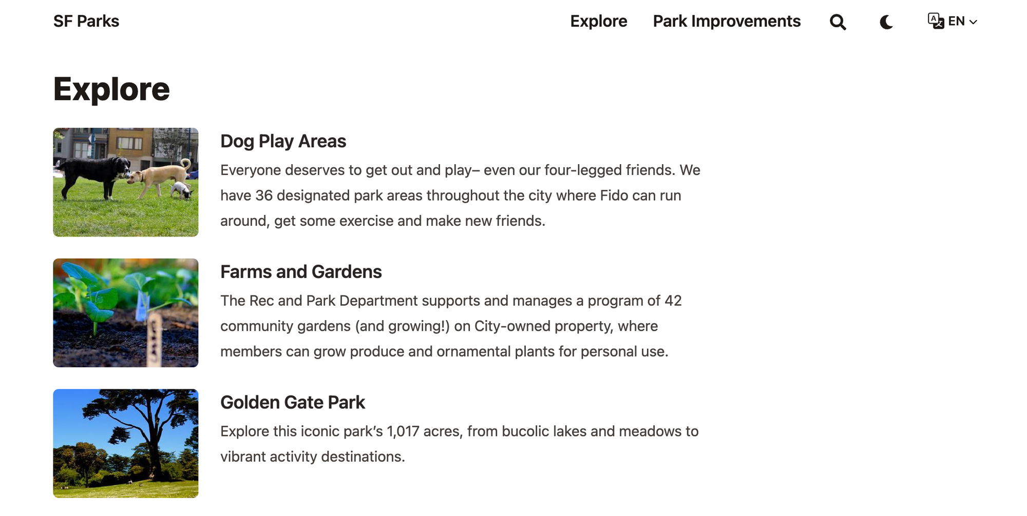 a nice clean website that says "sf parks" at the top, with "explore" as a header and then Dog Play Areas, Farms and Gardens, Golden Gate Park