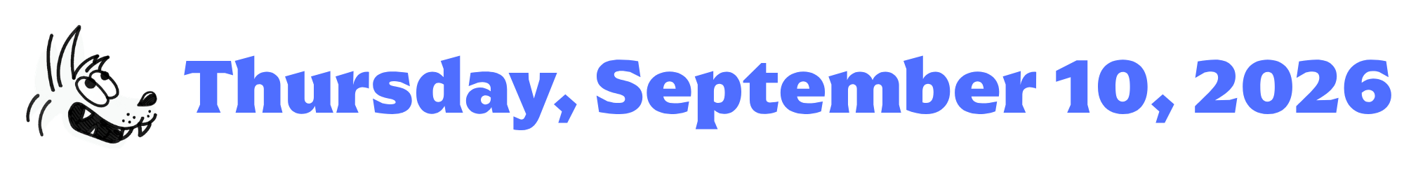 A cartoon coyote next to purple words that say Thursday, September 10, 2026