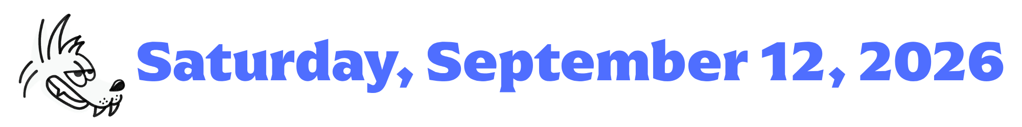 A cartoon coyote next to purple words that say Saturday, September 12, 2026