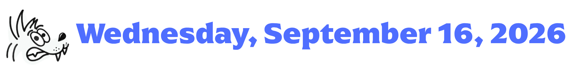 A cartoon coyote next to purple words that say Wednesday, September 16, 2026