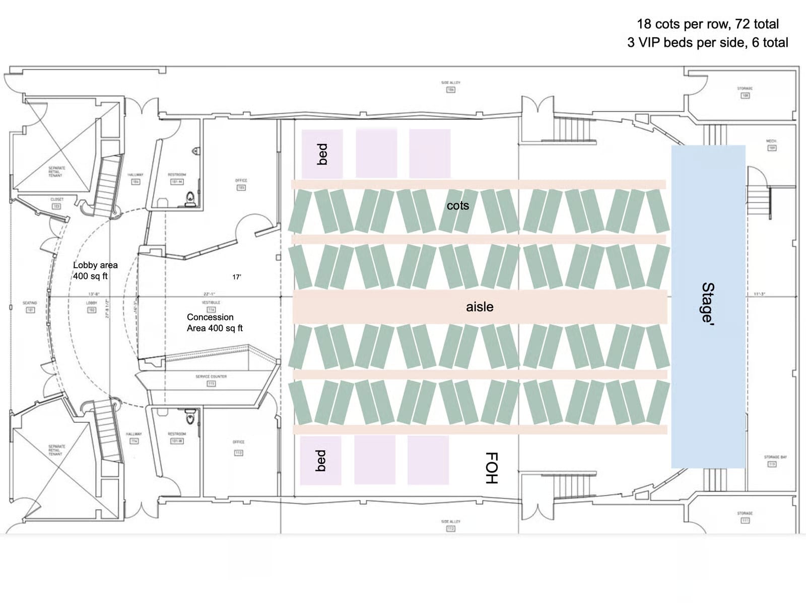 a diagram of a concert hall set up for a 'sleepover concert' with beds and the stage clearly marked
