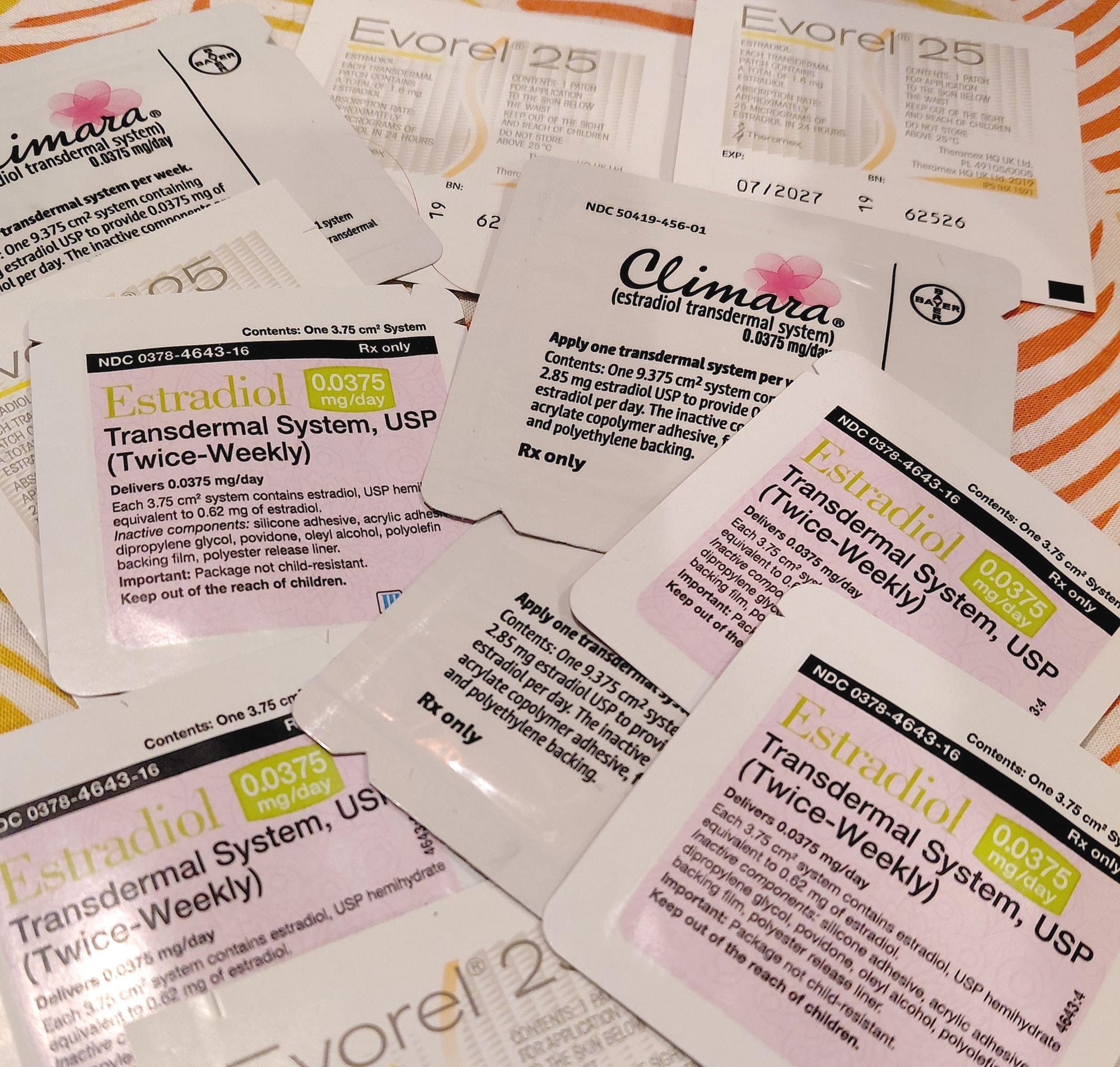 a pile of different kinds of Estradiol estrogen patches