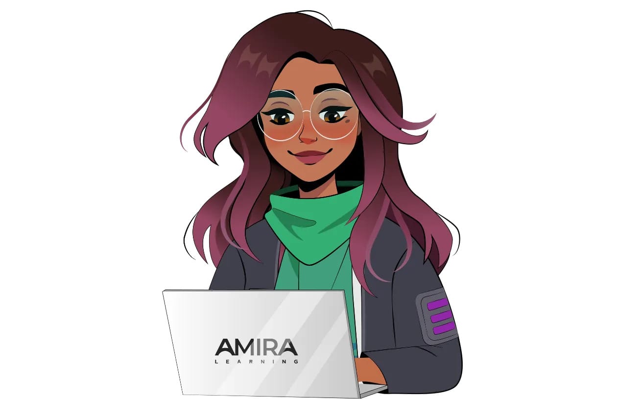 a cartoon of a purple-haired cartoon in a green top and gray jacket sitting at a laptop that says 'amira learning' on the back