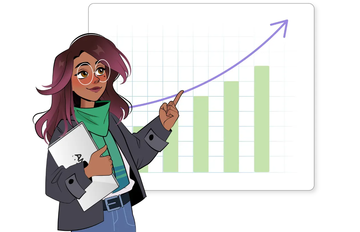 a cartoon with purple hair stands in front of a bar graph with an arrow going up