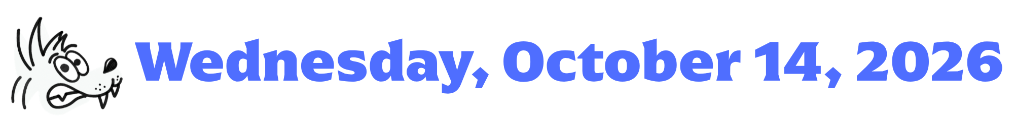 A cartoon coyote next to purple words that say Wednesday, October 14, 2026