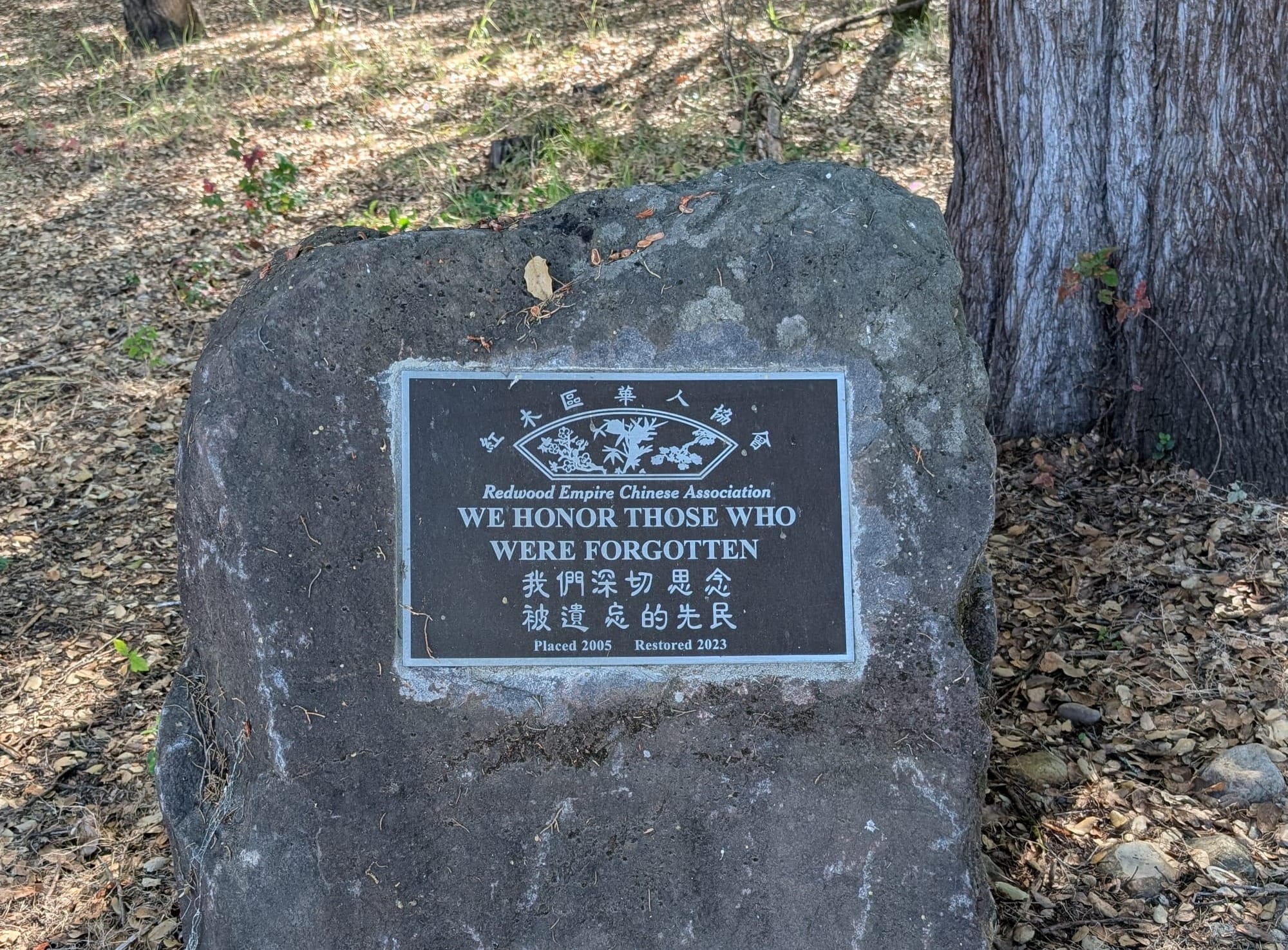 a plaque in a rock at a cemetery that reads 'redwood empire chinese association, we honor those who were forgotten' in English and Chinese