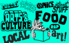 A cartoon of a coyote wearing reading glasses and holding a book. Around the coyote, are a bunch of illustrated words like "poetry" "arts & culture" "art!" "rap" and "food."