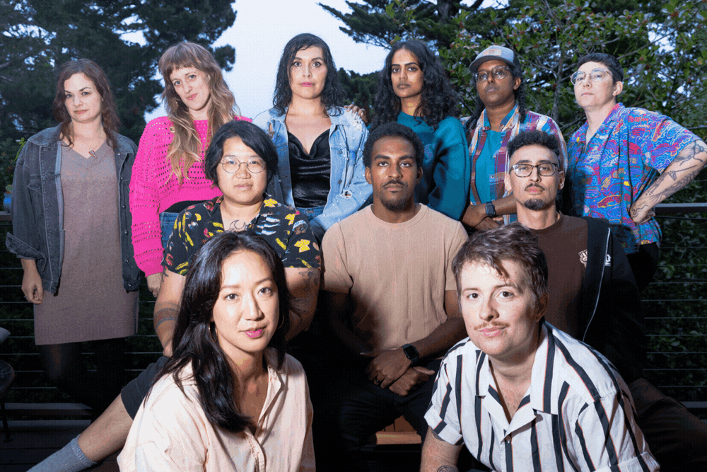 4 shots of 11 people posing on a balcony with trees in the background.