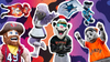 A series of mascots with a colorful background.