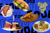 A photo illustration including pictures of an empanada, a pastrami sandwich, a ham and egg sandwich, fried pieces of dough, three cocktails, and a plate of scrambled eggs with crab.