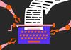Illustration of robotic arms typing on a typewriter.