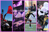 Four images of sports against a pink background.