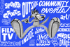 A cartoon coyote in front of hand drawn words like "games" "art!" "music and dance" a