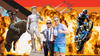 A man rides a bull, the statue of David wears a jock strap, two men pose with their thumbs up, and a motorbike rider makes a jump. An explosion flares in the background.