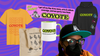Collage of COYOTE merch items. From left: yellow shirt with red COYOTE text, tote bag with cartoon coyote faces, a bumper sticker, a mug, person wearing a hat, a black hoodie
