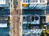 an aerial drone image of an Oakland intersection