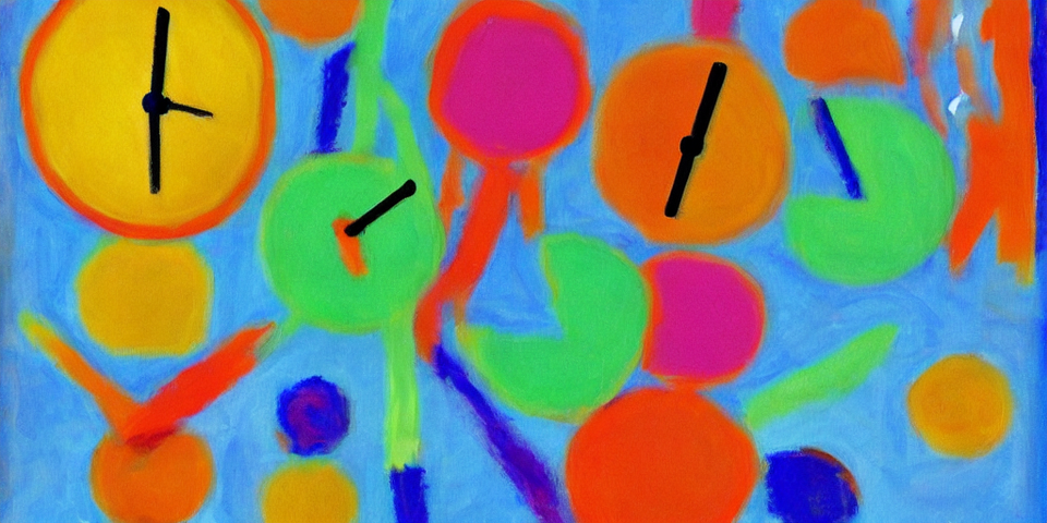 Abstract painting of colourful clocks, with a lot of feeling of motion