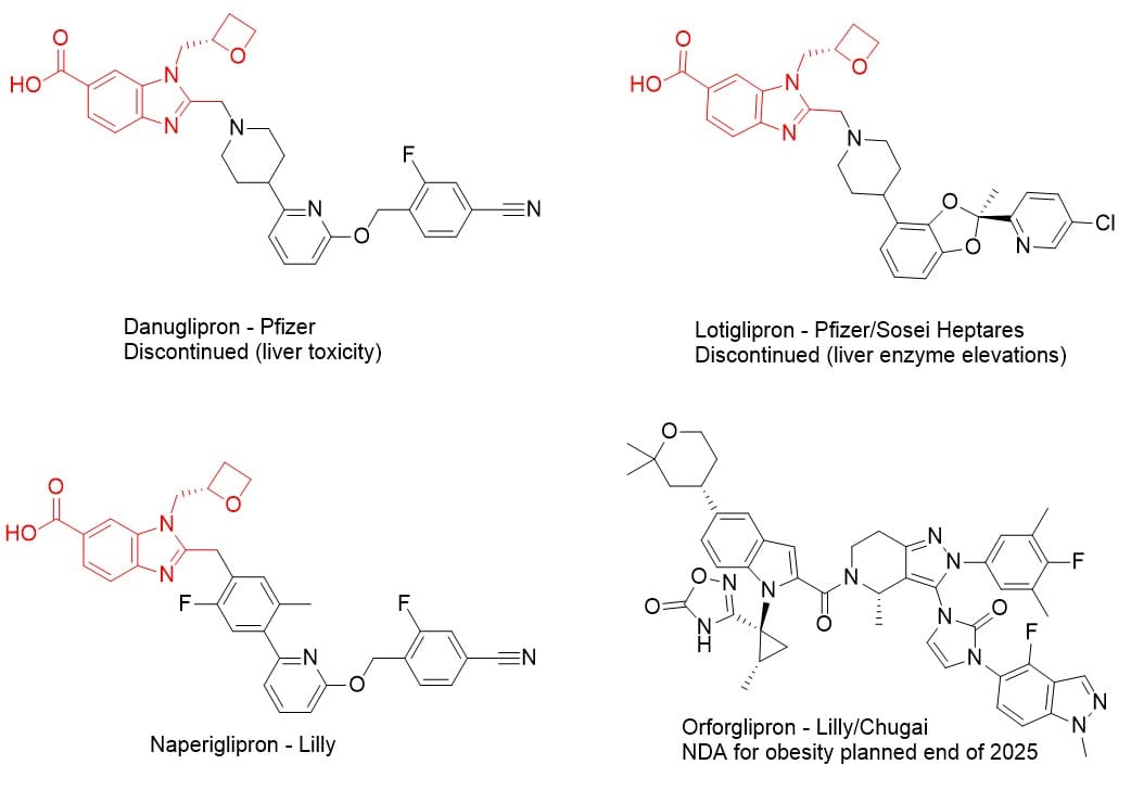 chemical structures of naperiglipron, danuglipron, lotiglipron, and orforglipron - oral GLP-1s
