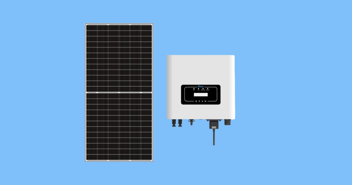Imagem de um kit solar composto por um módulo fotovoltaico Resun 575W e um inversor Deye 5KW 220V. Componentes sobre fundo azul, prontos para instalação.