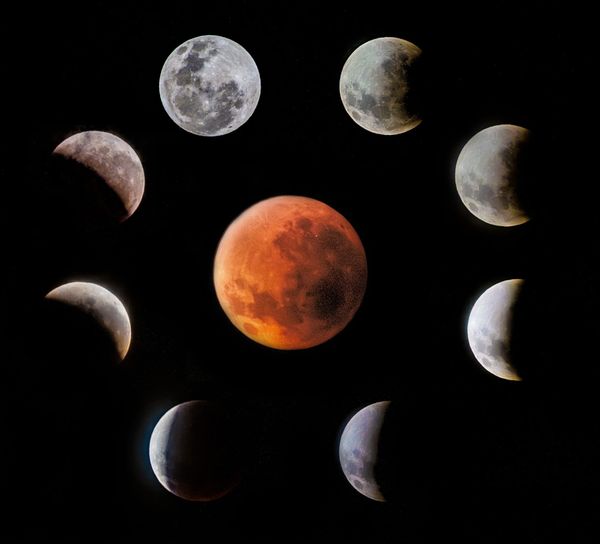 Composite image showing stages of the Lunar Eclipse of 8 September 2025 near Canberra, Australia, with the full blood moon in the centre.