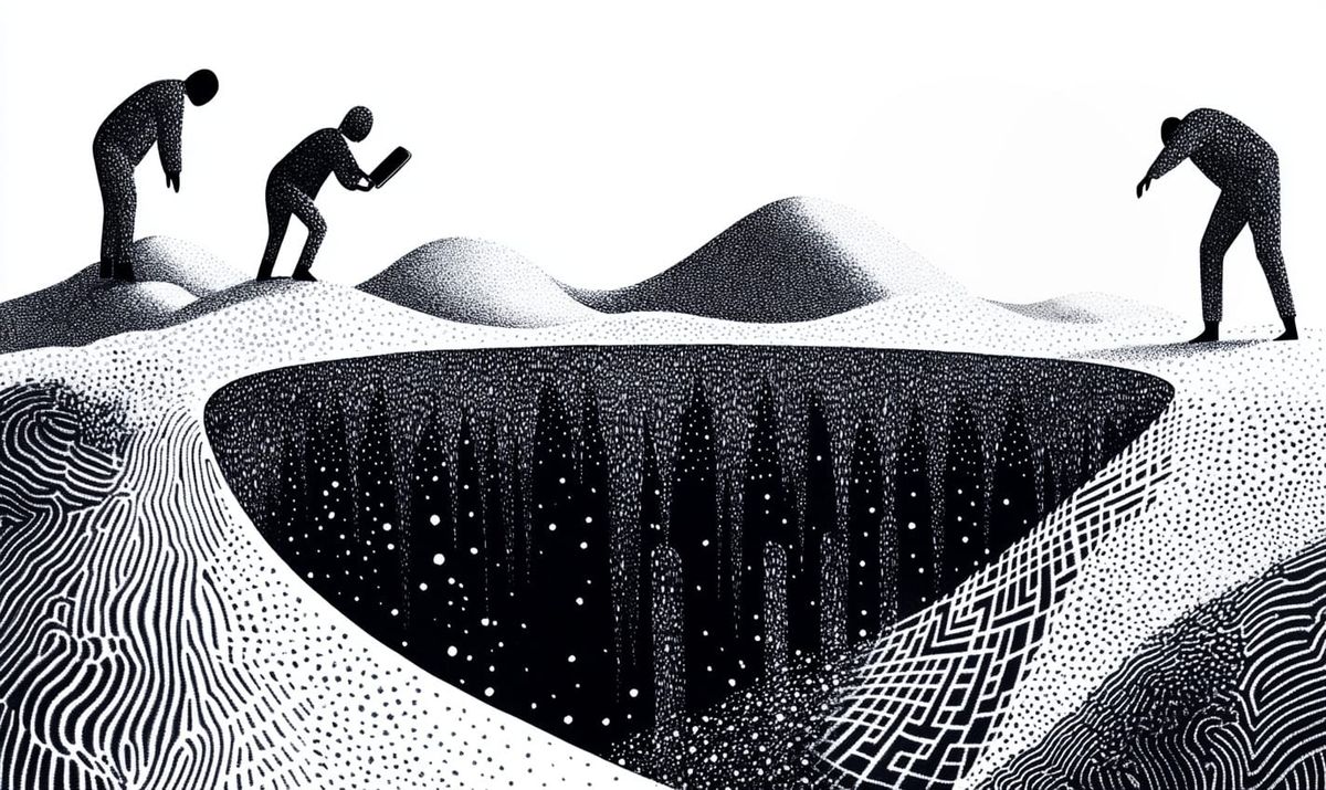 Silhouetted figures look into a dark abyss, symbolizing AI-driven echo chambers and fear.