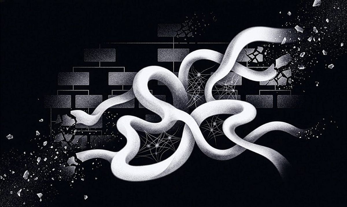 Black-and-white illustration: flowing white ribbons twist through a rigid grid of dark org-chart boxes, shattering it into scattered fragments.