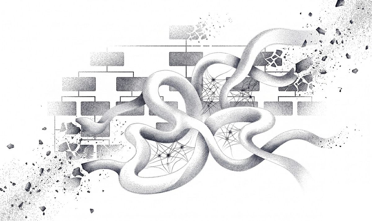 Black-and-white illustration: flowing white ribbons twist through a rigid grid of dark org-chart boxes, shattering it into scattered fragments.