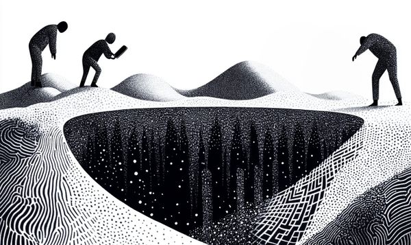 Silhouetted figures look into a dark abyss, symbolizing AI-driven echo chambers and fear.