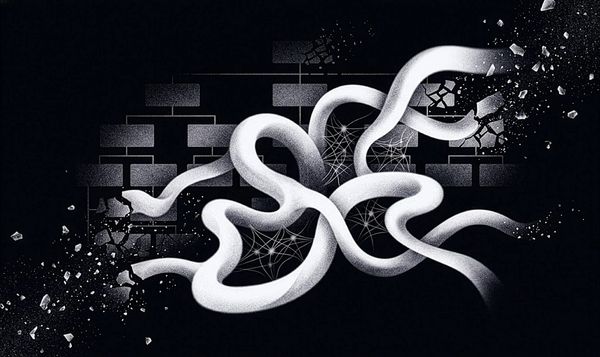 Black-and-white illustration: flowing white ribbons twist through a rigid grid of dark org-chart boxes, shattering it into scattered fragments.