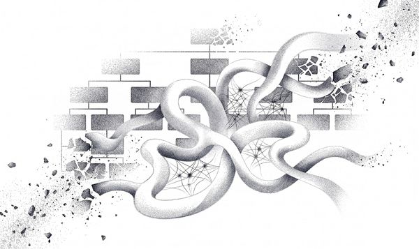 Black-and-white illustration: flowing white ribbons twist through a rigid grid of dark org-chart boxes, shattering it into scattered fragments.