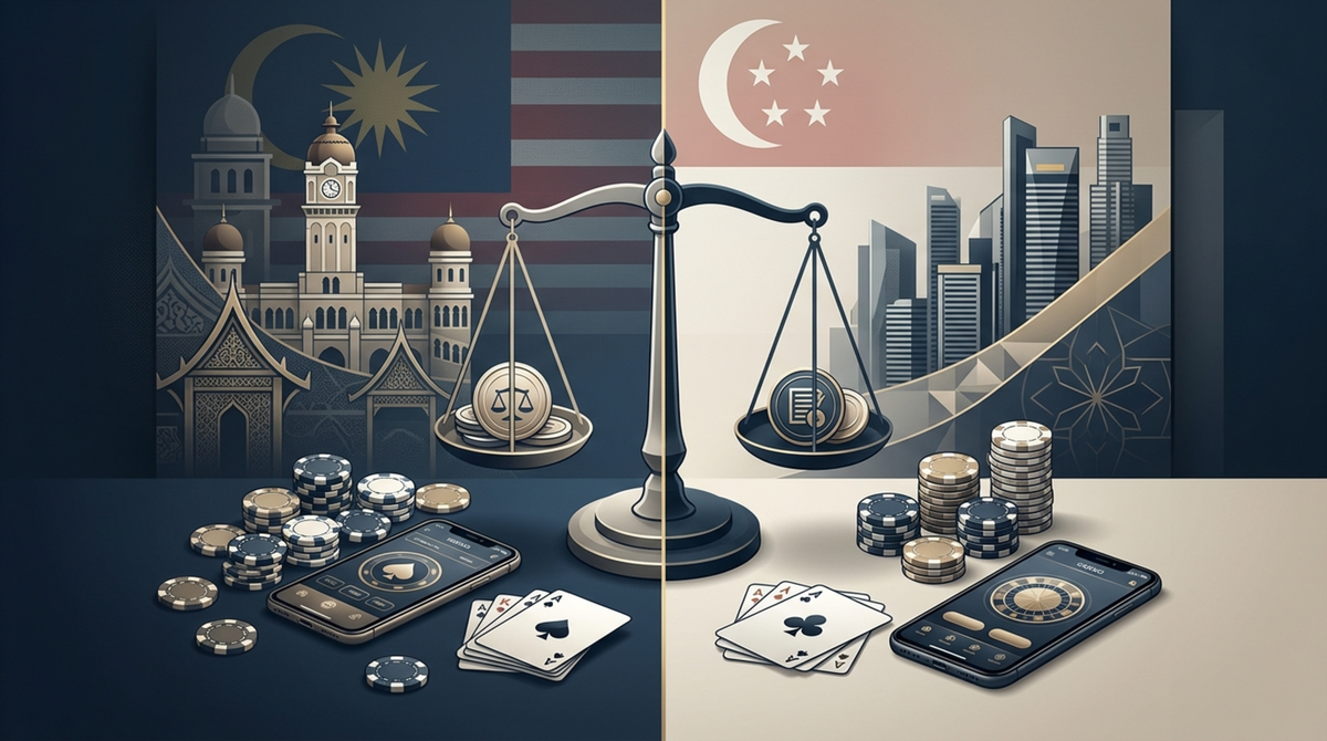 Illustration of Malaysia and Singapore landmarks, flags, and balanced scales representing gambling regulation.