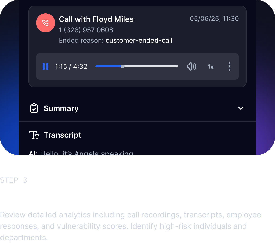 Callstrike call transcript and recording player showing AI vishing simulation results