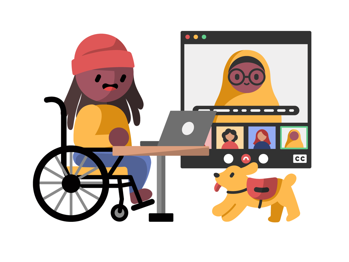 A dark skinned wheelchair user with long hair and a beanie sits at a small table, using their laptop to participate in a video meeting that is being live captioned.