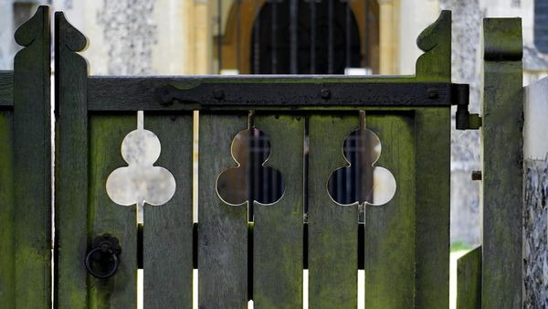 A brownish green wooden fence with three clover cutouts